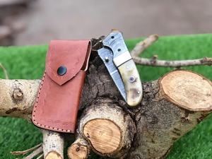 Cuchillo Plegable de Acero de Damasco Hecho a Mano con Mango de Cuerno de Ciervo, Cuchillo de Bolsillo Personalizado OEM para Camping, Funda de Cuero, Regalo para Compañero, Pasha - Product Image 3