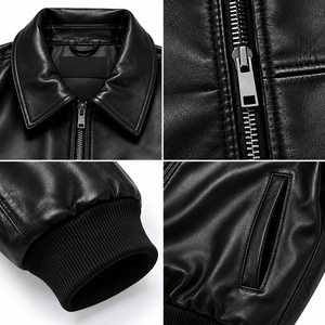 Chaqueta Bomber de Cuero Sintético PU Negra para Hombre, Cuello Vuelto, Cierre de Cremallera Frontal, Puños Acanalados, Abrigo Casual con Forro de Piel Sintética Gruesa - Product Image 4