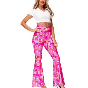 Pink Flare <b>Pants</b> High Waist Elastic Waist Printed Pattern Casual <b>Summer</b> Style Breathable Lightweight Knitted Fabric <b>Pants</b> - Product Image 4