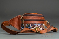 Sac banane en cuir véritable marron, forme tonneau, brodé, motif géométrique, fermeture éclair, style bohème unisexe