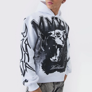 Sudadera con capucha extragrande blanca para hombre con estampado de pantera y estilo streetwear, de algodón y felpa. - Product Image 1