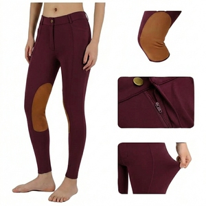 Women <b>High</b> Waist Riding Tights Full Length Olive Green With Brown <b>Knee</b> Patches Button Fly Four-Way Stretch Equestrian Pants - Product Image 3