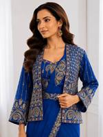 Ensemble de sari indien pakistanais imprimé bleu avec blouse brodée et veste pour femme, robe de fête et de mariage