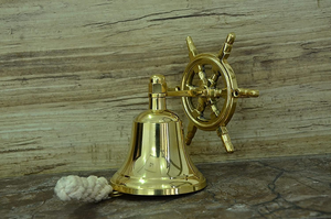 Hanging <b>Brass</b> Round <b>Bell</b> with Ship Wheel Design Handmade Modern Nautical Wall Decor - Product Image 2