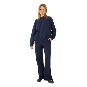 Women's Navy Blue 100% Cotton Crewneck Sweatshirt and Sweatpants Set Full Length Loose Fit Casual <b>Tracksuit</b> with Side Pockets - Product Image 1