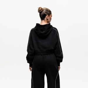 Sudadera con Capucha Corta Oversize para Mujer, Negra, Hombros Caídos, Manga Larga, Tejido de Algodón, Color Sólido, Estilo Casual Otoñal - Product Image 2