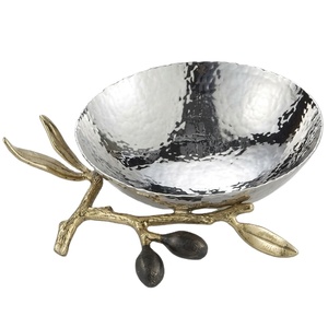 ชามเสิร์ฟสแตนเลสสตีลลายตอกแบบหรูหราพร้อมฐานรูปกิ่งมะกอกสีทอง - ชามใส่ผลไม้และถั่วตกแต่งอย่างสวยงามสำหรับตกแต่งบ้าน - Product Image 1