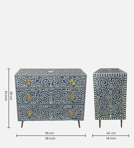 Commode à 3 tiroirs en bois fait main avec incrustations florales bleues et blanches, meuble de salon moderne du milieu du siècle - Product Image 5