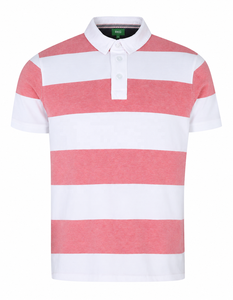Polo a Rayas para Hombre, Manga Corta, Corte Regular, Tejido de Punto, Casual, Blanco y Rosa - Product Image 1