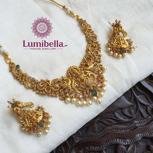 Antique Lakshmi Gold Plated Brass Short <b>Necklace</b> and Earring <b>Set</b> with White <b>Pearls</b> for Wedding - Product Image 1
