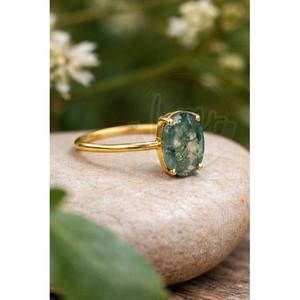 Bague ovale en agate mousse naturelle, plaquée or, en laiton, ajustable, faite à la main, avec pierre précieuse verte, bijoux en gros - Product Image 3