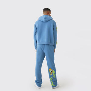 Ensemble de survêtement décontracté pour homme en coton/polyester bleu uni léger avec sweat à capuche et pantalon de jogging - Product Image 5
