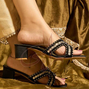 <b>Suede</b> Velvet Crystal Crossover Straps Anti-Slippery Comfortable Fashion Trend Printed Customizable Bold <b>Black</b> Base Slipper <b>Heels</b> - Product Image 3