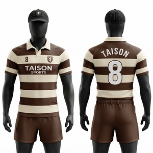 Tenue de rugby pour hommes 260 GSM en polyester interlock premium, avec panneau d'épaule rayé marron crème et logo personnalisé par sublimation - Product Image 1