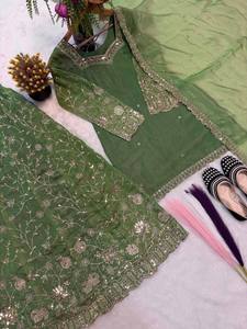 Bestselling Pakistani Indian <b>Green</b> <b>Silk</b> Top-Sharara Dupatta Set Embroidery Sequins Work Ready Wear Diwali Party Wear - Product Image 1
