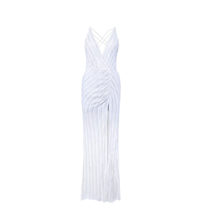 Robe longue blanche à sequins pour femme, col en V profond, sans manches, dos à bretelles, élégante pour soirée, mariage, cérémonie, avec fente avant - Product Image 3
