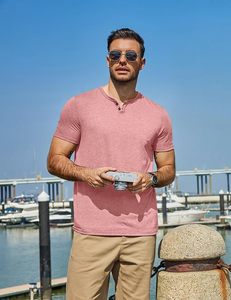 T-shirt Homme Slim Fit à Manches Courtes Rose Uni en Coton Tricoté Décontracté Col Rond Respirant - Product Image 2