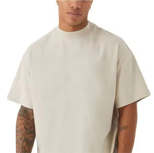 เสื้อยืดคอกลมแขนสั้นทรงโอเวอร์ไซส์สีเบจสำหรับผู้ชาย ผ้าคอตตอนเจอร์ซีย์ถัก 100% สีพื้น ทรงลำลอง ซักแบบแอซิดวอช ระบายอากาศได้ดี - Product Image 5