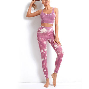 Tie Dye Pink Yoga Set 2 Piece High Waist <b>Leggings</b> <b>Crop</b> Top Racerback Sleeveless Full Length Polyester Four-Way Stretch - Product Image 1