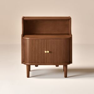 Solid Teak Wood Nightstand Tambour <b>Sliding</b> Doors Bedside Cabinet <b>with</b> Open Upper Alcove - Product Image 1