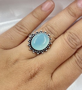 Natural Blue Chalcedony Oval Silver Plated Ring Handmade Statement Gemstone Ring Vintage Adjustable Fashion Jewelry for Women - Product Image 1