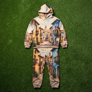 Conjunto de Chándal para Hombre con Sudadera con Cremallera y Estampado Urbano y Pantalones de Pierna Ancha, en Beige, Azul y Marrón, Estilo Urbano Personalizado - Product Image 5