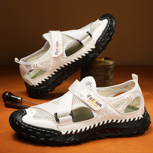 New Summer Men's Open Toe Beach Outdoor Slip-On Slippers Hand Stitched Hollow Breathable Mesh Casual <b>Shoes</b> - Product Image 1