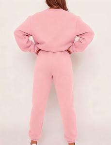 Ensemble de survêtement pour femme, imprimé floral rose, col rond, manches longues, survêtement décontracté avec poches, style printemps - Product Image 2