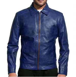 Veste en cuir pour homme en véritable peau de mouton bleue, style motard |   Style moto ajusté |   Veste de voyage d'extérieur sur mesure |   Prix de gros - Product Image 1