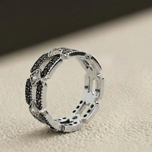 Bague de cocktail géométrique double rangée en diamant noir naturel de luxe pour mariage, anniversaire, fiançailles, en argent sterling 925 - Product Image 3