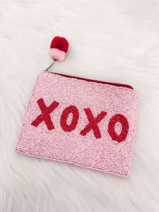 <b>Pink</b> Beaded XOXO Clutch With Pom Pom Zipper Pull Fashion Cosmetic Bag Women Makeup pouch - Product Image 1