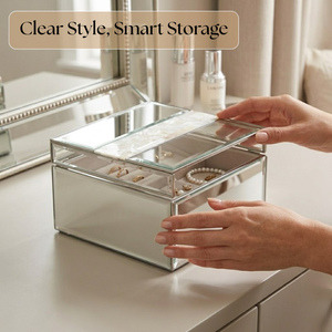 Luxury White <b>Mirrored</b> Glass Storage Box with Pearl Accent Lid |Premium Decorative Jewelry Organizer Case for <b>Vanity</b> Makeup Decor - Product Image 4