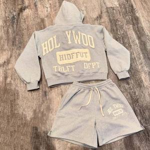 Conjunto de Sudadera con Capucha y Pantalones Cortos de Dos Piezas, Estilo Streetwear, Lavado Desgastado, 100% Algodón, Efecto Desteñido, Corte Holgado, Chándal de Alta Calidad para Hombre - Product Image 3