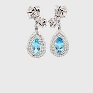 Boucles d'oreilles pendantes en or blanc 18 carats avec aigue-marine 3,83 carats à double halo et diamants de laboratoire 1,90 carat taille brillant rond D/E, VVS/VS - Product Image 2