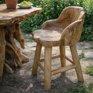 Taburete de Bar Giratorio de Lujo, Rústico, Estilo Granja, Tallado a Mano, Ergonómico, de Madera de Raíz de Teca Natural, Sostenible y de Primera Calidad - Product Image 6