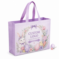 Sacs fourre-tout réutilisables en tissu non tissé écologique avec imprimé lapin, poussin et fleurs de printemps lavande aquarelle, logo personnalisé