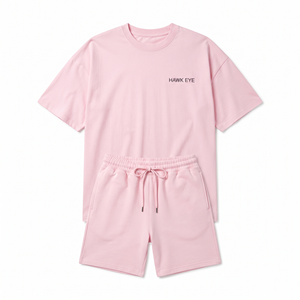 เสื้อยืดคอกลมแขนสั้นทรงหลวมผ้าฝ้ายแท้ 100% หนัก 305 กรัม ซักแล้ว พร้อมกางเกงขาสั้นหนัก 440 กรัม สำหรับผู้ชาย ชุดเซ็ตฤดูร้อน - Product Image 4