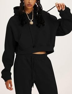 Ensemble jogging et sweat à capuche 2 pièces pour femme en molleton de coton mélangé, respirant, écologique, coupe ample, décontracté, sportswear, manches lanternes courtes - Product Image 4