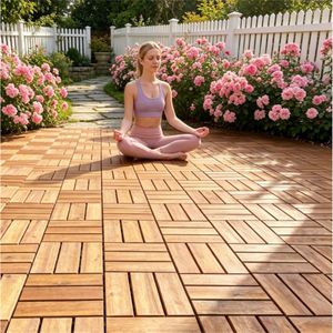 27 Pezzi Piastrelle per Pavimenti Esterni in Legno di Acacia Naturale a Incastro 30x30 cm Impermeabili Antiscivolo con Base di Drenaggio in PP Scanalata - Product Image 6