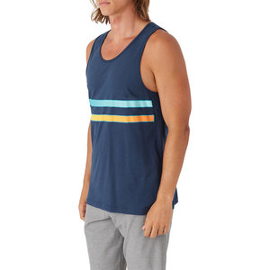 Men's <b>Navy</b> Blue Striped Breathable 100% Polyester Embroidery Gym Casual Knitted O-Neck Tank <b>Top</b> Sleeveless - Product Image 1