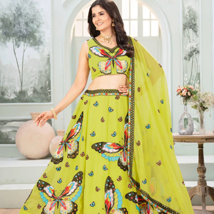 Lehenga Choli en Soie Chinon de Qualité Supérieure, Motif Papillon, Matériaux Recyclés, Style Traditionnel pour Mariage et Fêtes - Product Image 1