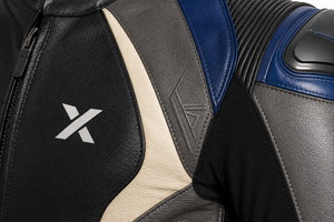 Combinaison de moto en cuir sur mesure conçue par un designer |   Noir Bleu Ivoire |   Fabricant OEM ODM |   Qualité de conception haut de gamme |   Course automobile - Product Image 5