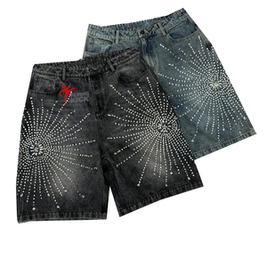 Pantalones Cortos de Mezclilla Personalizados para Hombre, Estilo Hip Hop, Desgastados, Vintage, Lavado Ácido, con Pedrería, de Alta Calidad - Product Image 1