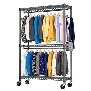 Appendiabiti a 3 livelli su ruote, in metallo, resistente, autoportante, a doppia fila, per armadio, con barre appendiabiti in filo metallico - Product Image 1