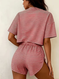 Women Striped Summer Casual Daily Wear 2 Piece Pajama Set Short Sleeve Crew Neck Tee Side Split Shorts for Wear - Product Image 4