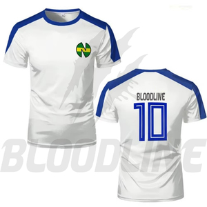 Camiseta Blanca con Mangas Raglán Azules, Logotipo Verde y Amarillo, Transpirable, de Poliéster, para Hombre, Talla Adulto, Servicio OEM, BLOODLINE - Product Image 5
