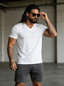 Men's Fashionable Sporty Solid Blank Pure Cotton V-Neck Short Sleeve Breathable Soft Spring/Summer Outerwear Trendy Versatile - Product Image 4
