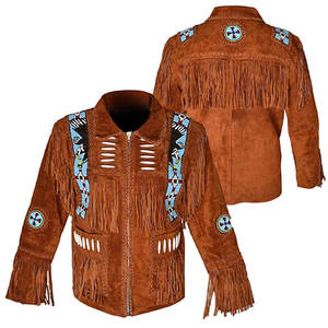 <b>Men's</b> Genuine <b>Leather</b> Winter <b>Jacket</b> with Breathable Fabric Fringe Beading Hand Embroidery Turn-down Collar Vintage Style - Product Image 4