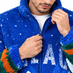 <b>Men's</b> Blue Fleece <b>Jacket</b> With Mountain Print Zipper Stand Collar Thick Winter Wear Casual Style <b>Sherpa</b> Lining - Product Image 5