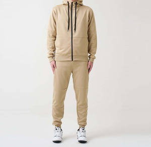 Men's Khaki Full <b>Zip</b> <b>Hooded</b> Tracksuit Set Solid Color Casual Sweatshirt Pants Breathable Cotton Autumn Wear Made in Pakistan - Product Image 1